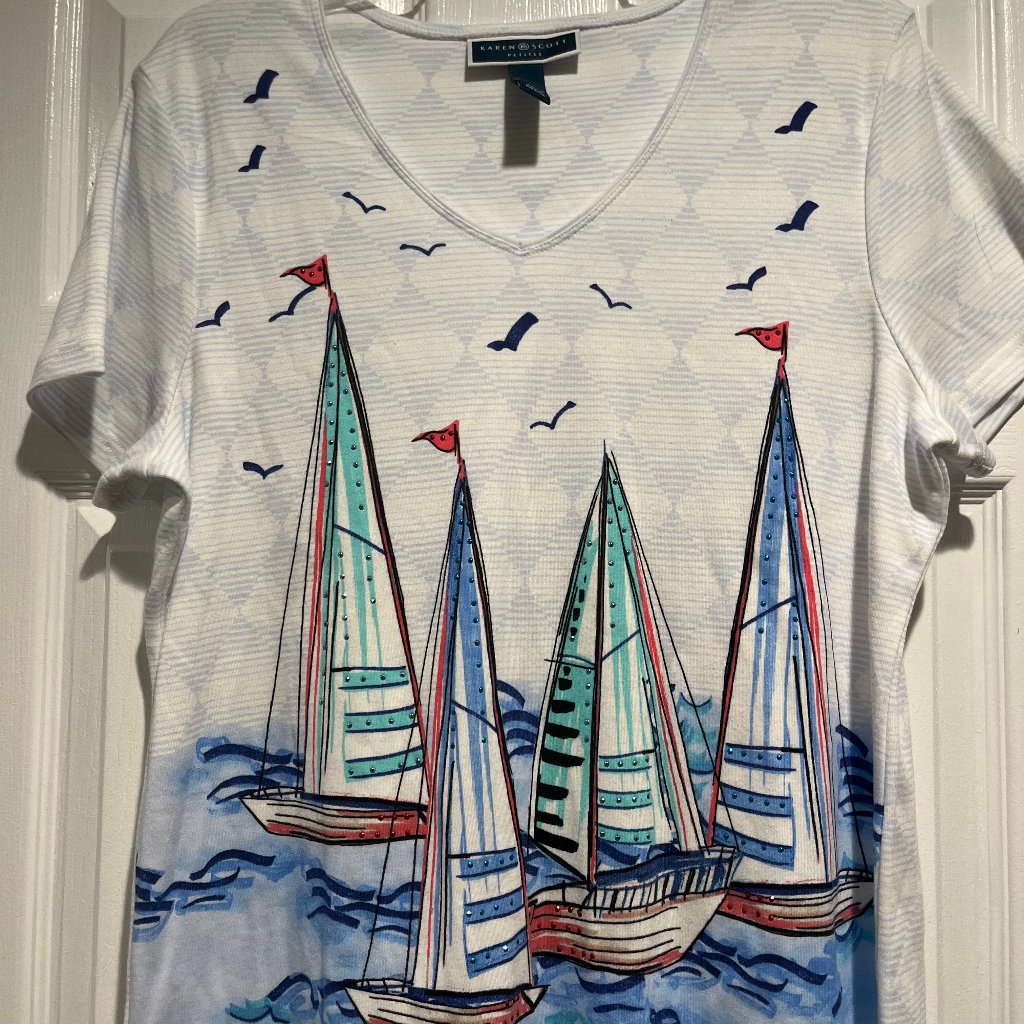Nwot Karen  Scott Petites Women Shirt Sailing Design Size Xl
